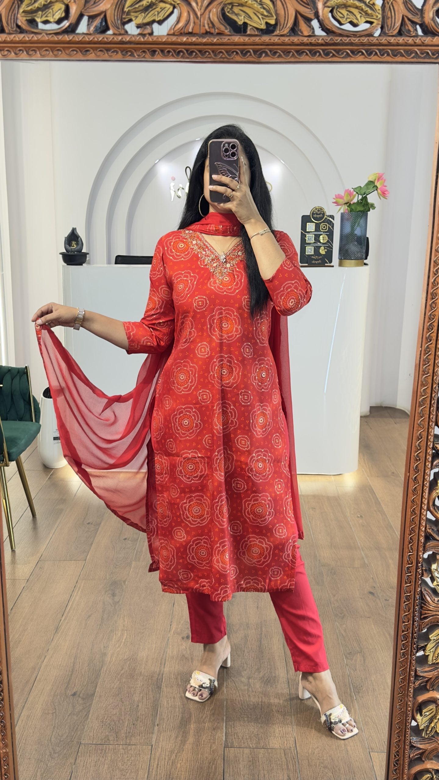 Red Bandhej Handworked Kurti