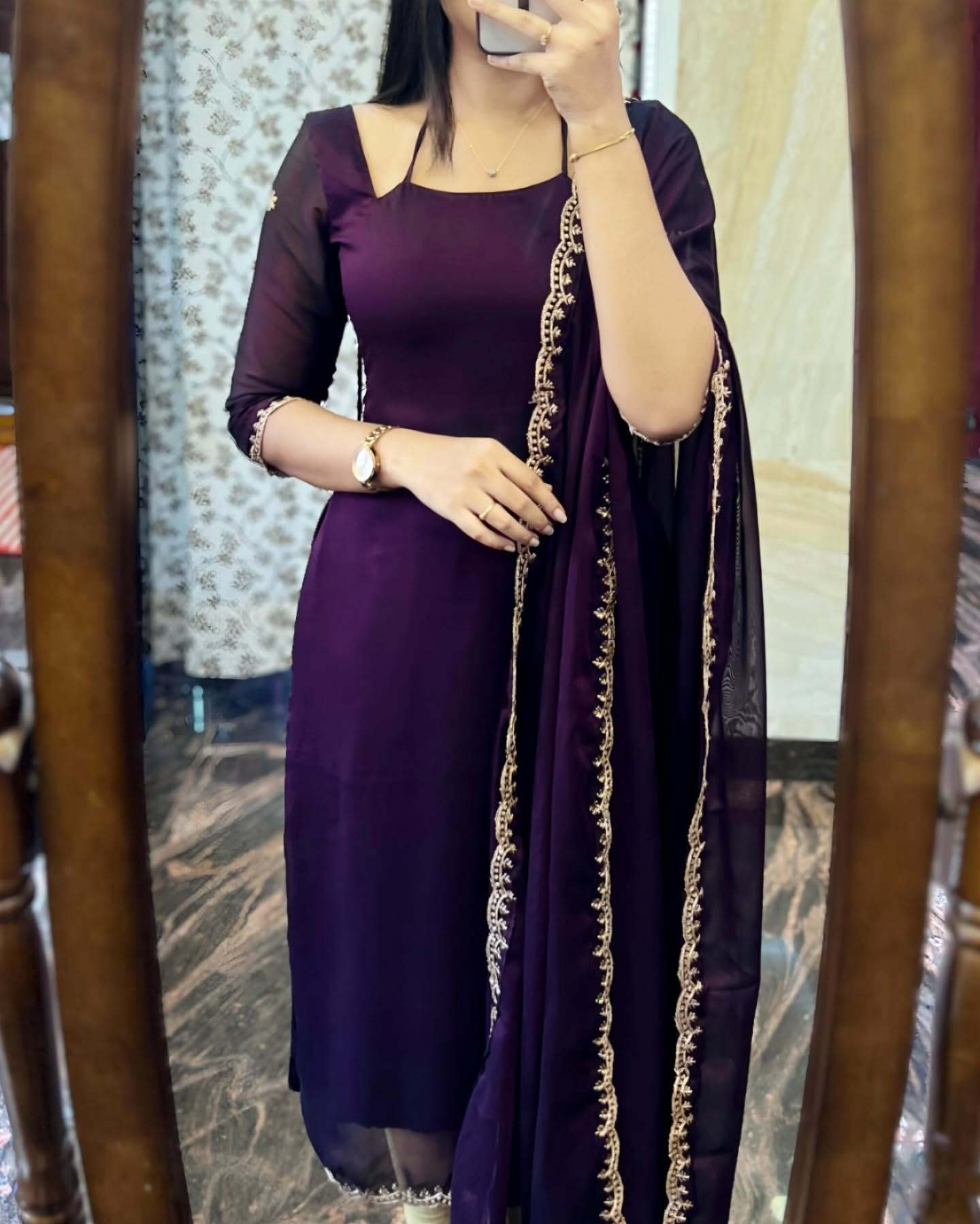 DARK PURPLE GEORGETTE STRAIGHT CUT KURTI WITH LINING AND DUPPATTA SET