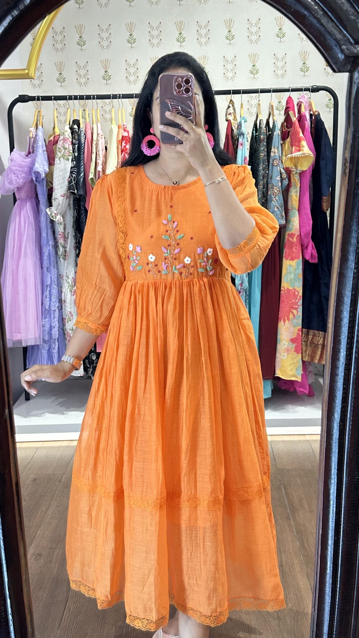 Orange Mulchanderi Handworked Frock