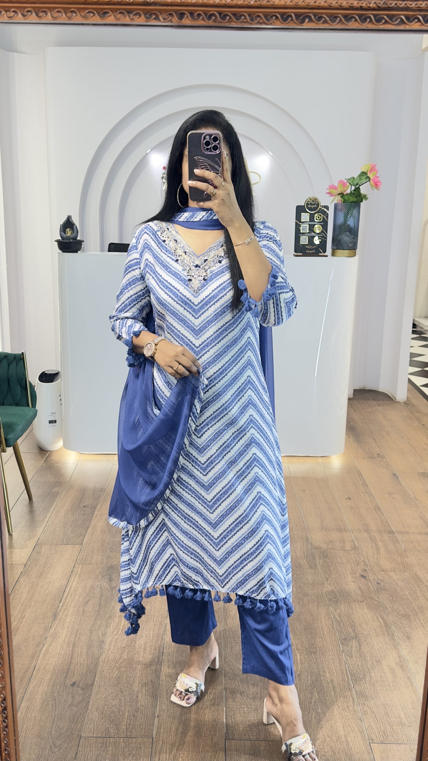 Blue Zig Zag Printed Handwork HighLow Kurti