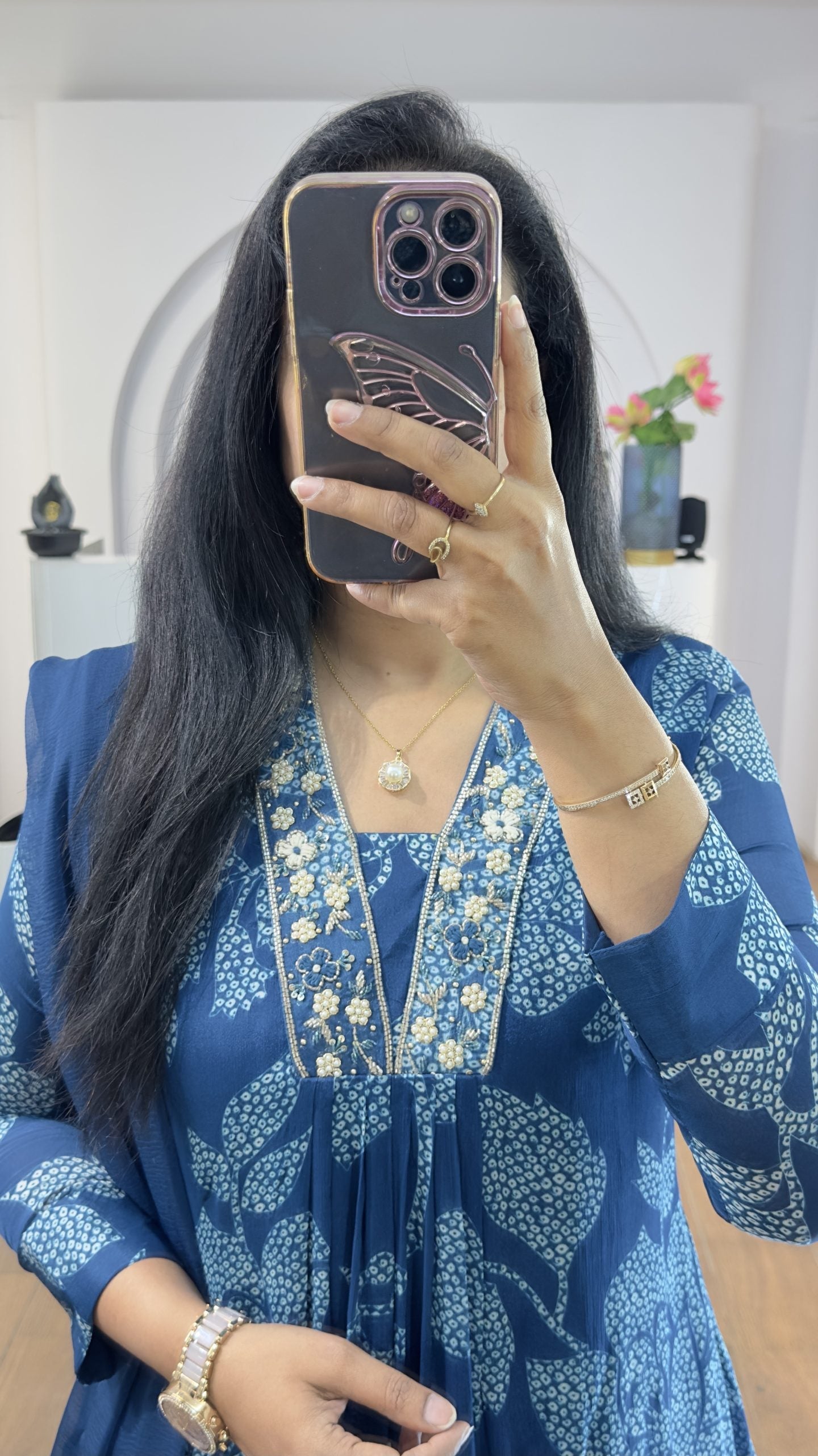 Blue Bandhej Chinnon Aline Suit Set