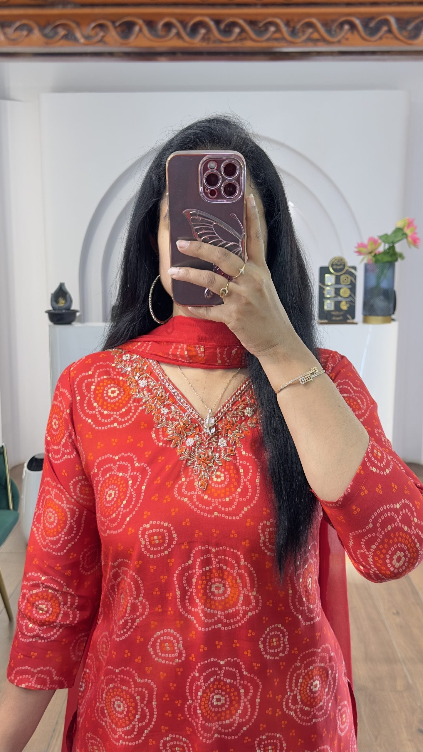 Red Bandhej Handworked Kurti