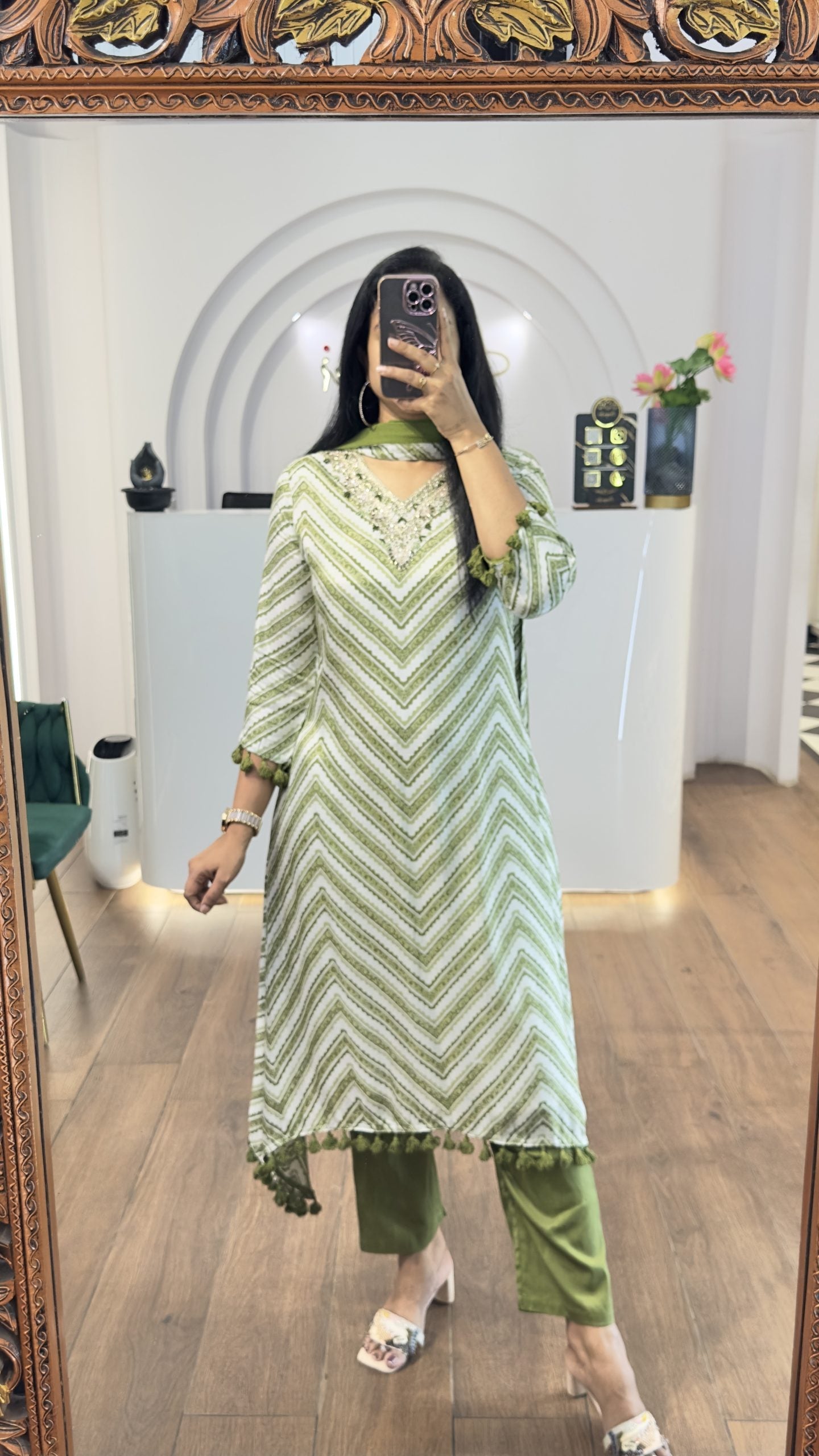 Green Zig Zag Printed Handwork HighLow Kurti