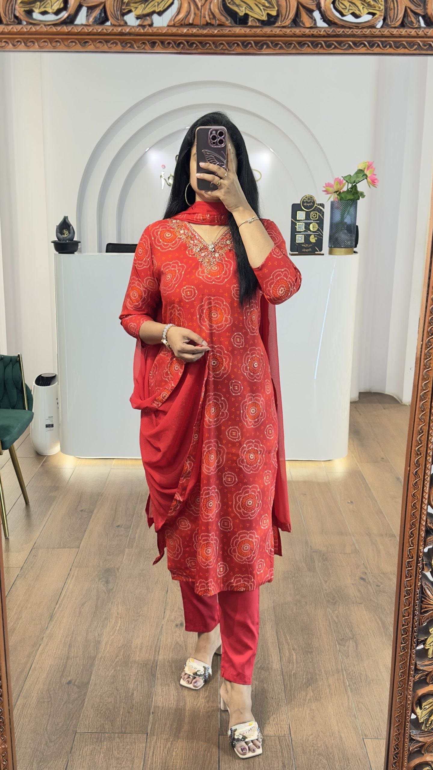 Red Bandhej Handworked Kurti