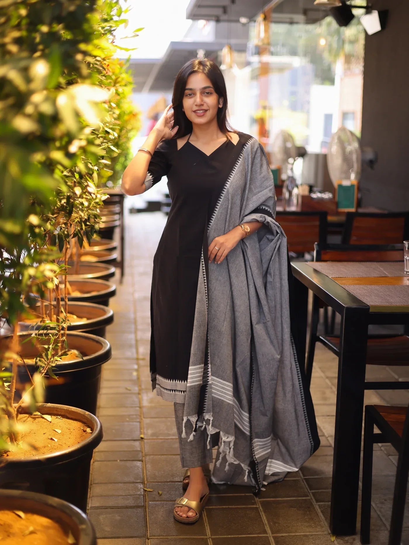 Black with White & Grey Cotton Kadhambari Set