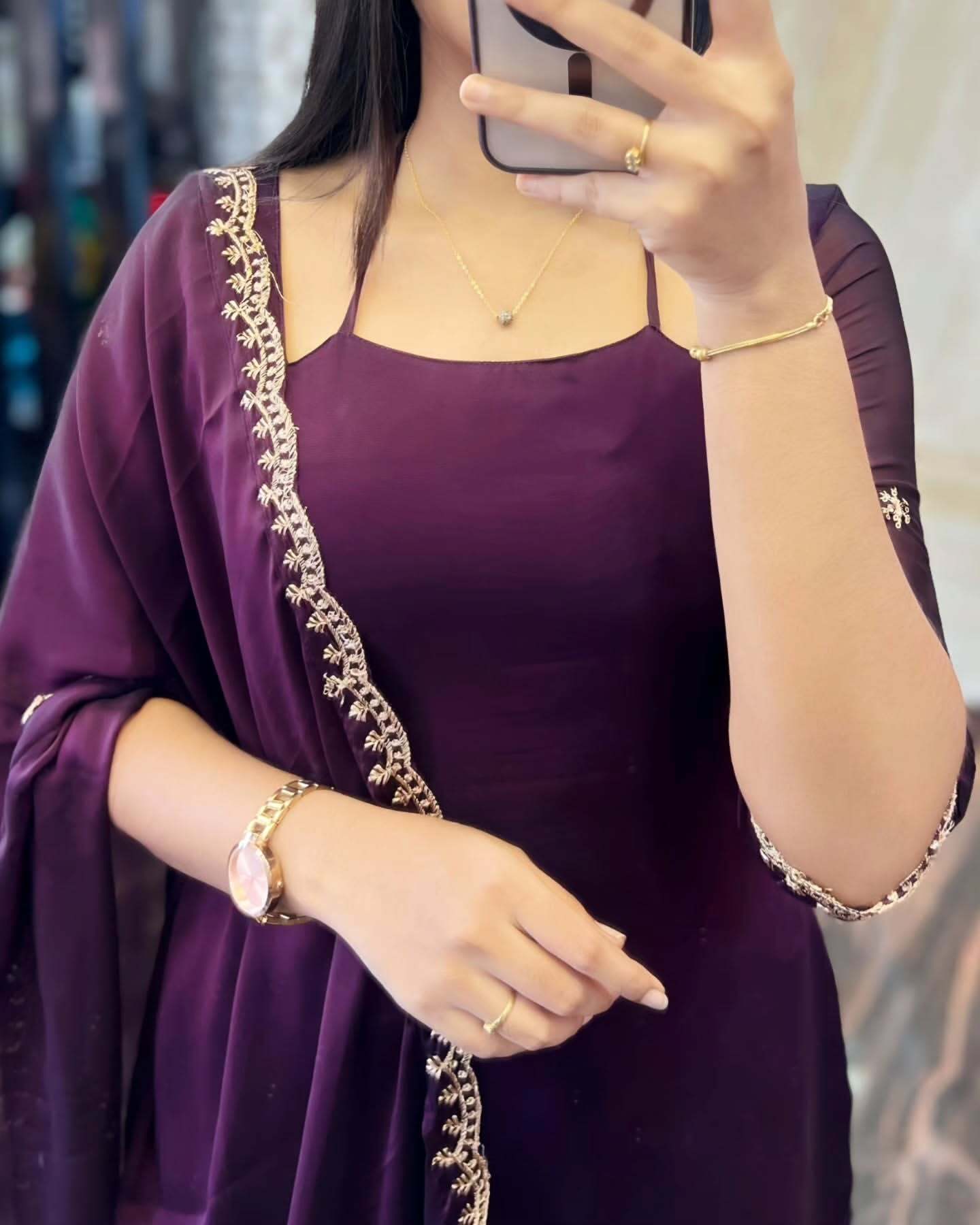 DARK PURPLE GEORGETTE STRAIGHT CUT KURTI WITH LINING AND DUPPATTA SET