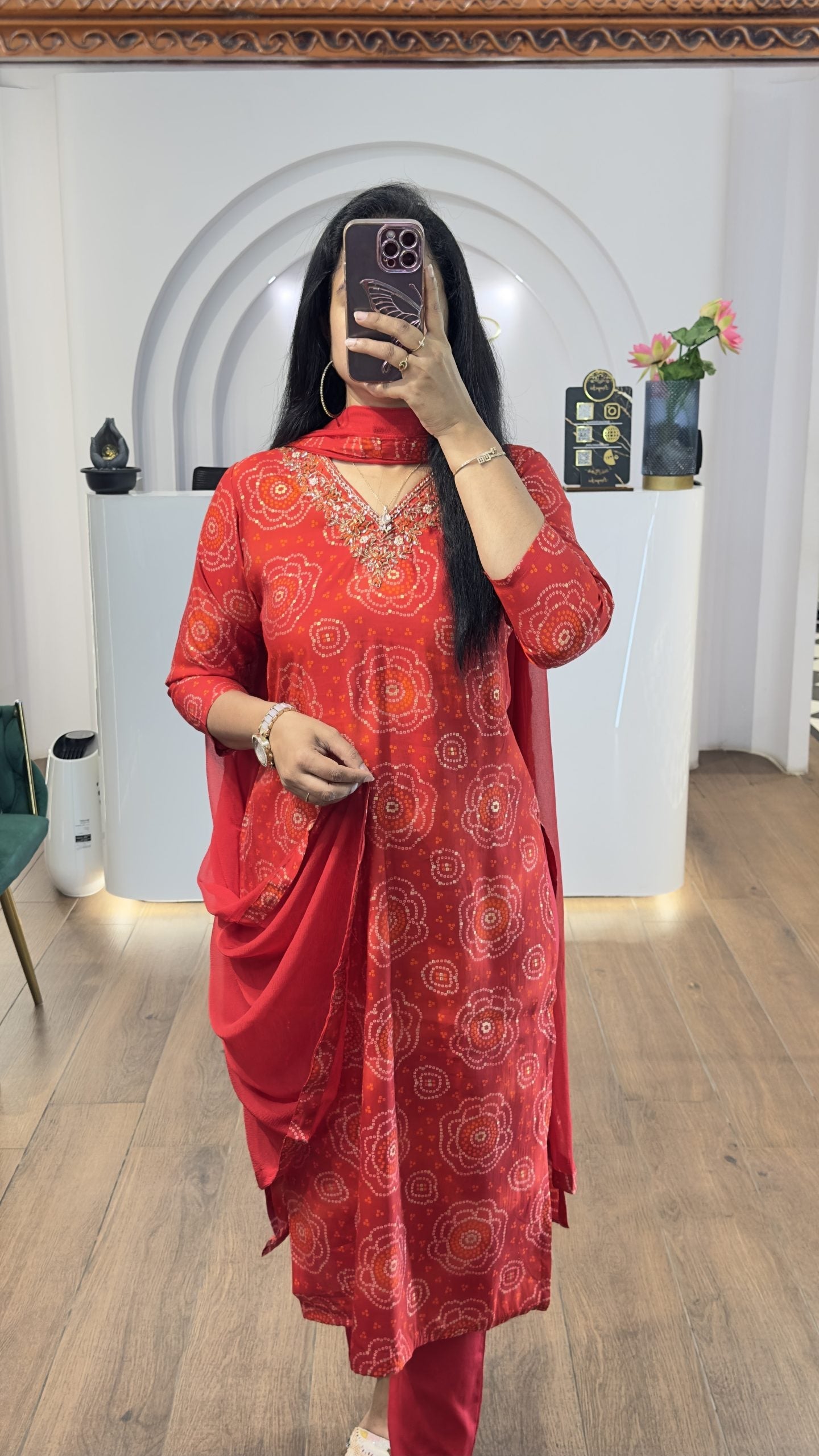 Red Bandhej Handworked Kurti