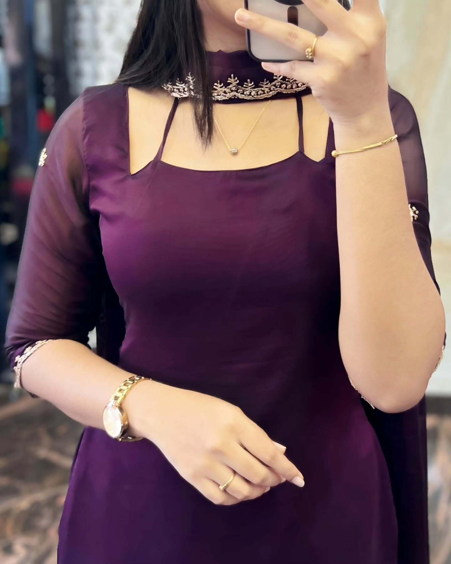DARK PURPLE GEORGETTE STRAIGHT CUT KURTI WITH LINING AND DUPPATTA SET